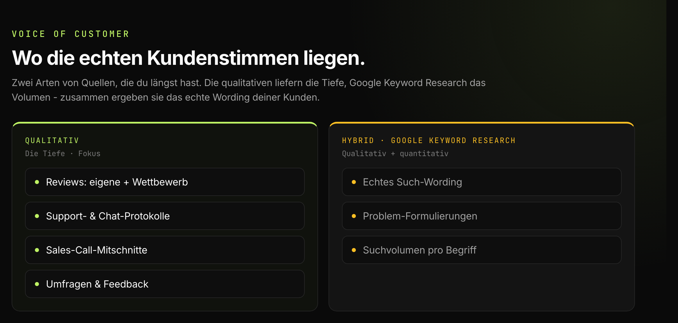 Wo die echten Kundenstimmen liegen: qualitative Quellen (Reviews eigene und Wettbewerb, Support- und Chat-Protokolle, Sales-Call-Mitschnitte, Umfragen und Feedback) und der qualitativ-quantitative Hybrid Google Keyword Research (echtes Wording plus Suchvolumen).
