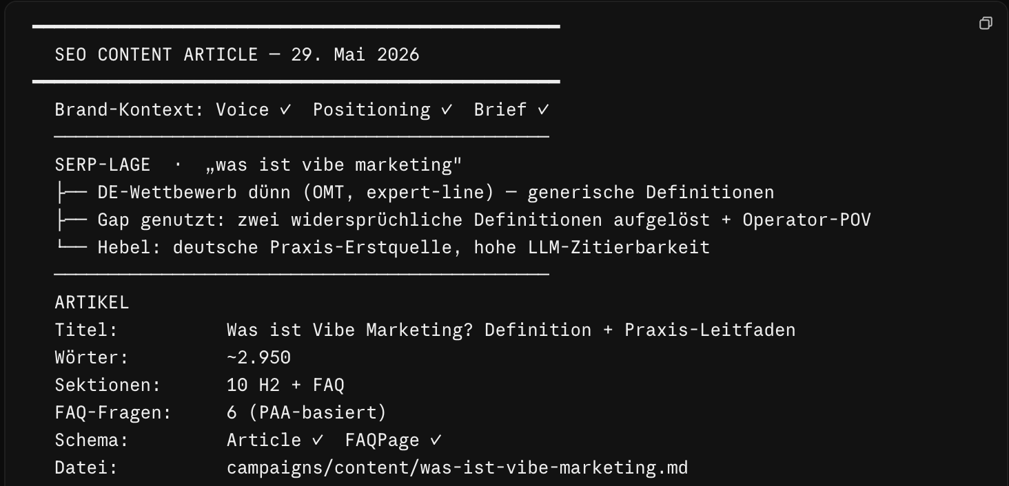 Screenshot: Terminal-Ausgabe der seo-content-Skill-Pipeline beim Bau dieses Artikels - Brand-Kontext geladen, SERP-Analyse, Artikel-Metadaten und Schema.